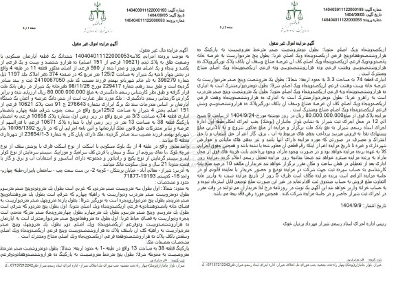 مزایده  ششدانگ یک قطعه آپارتمان مسکونی با وضعیت طلق به پلاک ثبتی (10621) فرعی از 151 اصلی