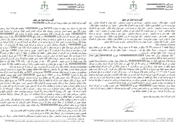 مزایده یک دستگاه آپارتمان با کاربری مسکونی دارای پلاک ثبتی 32451   ..