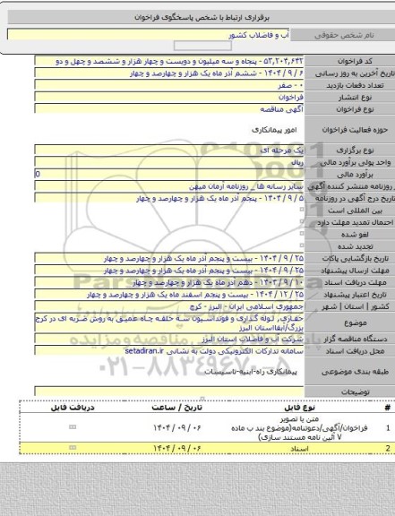 مناقصه, حفاری, لوله گذاری و فونداسیون سه حلقه چاه عمیق به روش ضربه ای در کرج بزرگ/آبفااستان البرز