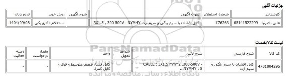 استعلام الکترونیکی، کابل افشان با سیم رنگی و سیم ارت 3X1.5 , 300-500V - NYMHY