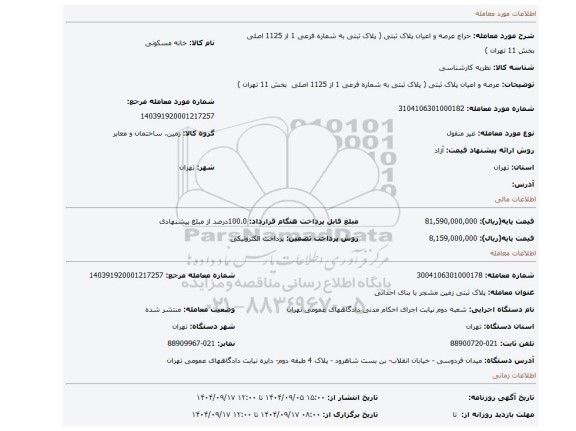 مزایده، عرصه و اعیان پلاک ثبتی  (  پلاک ثبتی به شماره فرعی 1 از 1125 اصلی  بخش 11 تهران )