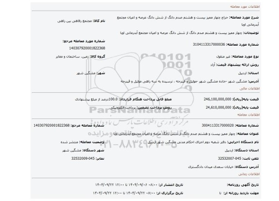 مزایده، چهار ممیز بیست و هشتم صدم دانگ از شش دانگ عرصه و اعیان مجتمع آبدرمانی اوبا