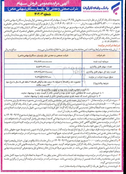 مزایده فروش 14/25 درصد از سهام شرکت صنعتی و معدنی اپال پارسیان سنگان