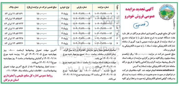 تجدید مزایده هفت دستگاه خودرو- نوبت دوم