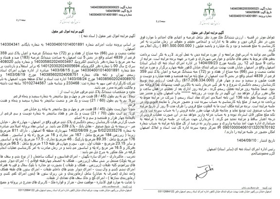 مزایده تمامت شصت و شش حبه مشاع از هفتاد و دو حبه ششدانگ عرصه و اعیان پلاک ثبتی 359 فرعی از 4839 اصلی