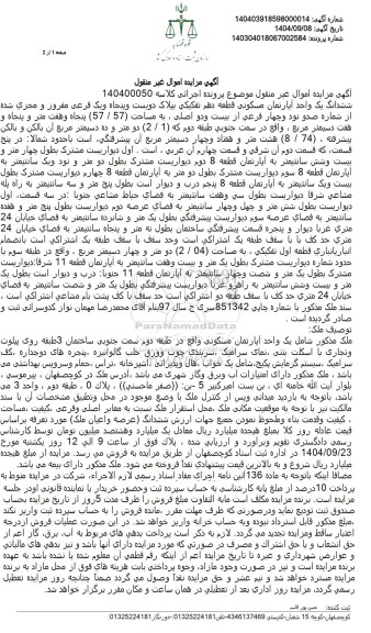 مزایده ششدانگ یک واحد آپارتمان مسکونی قطعه دهم تفکیکی