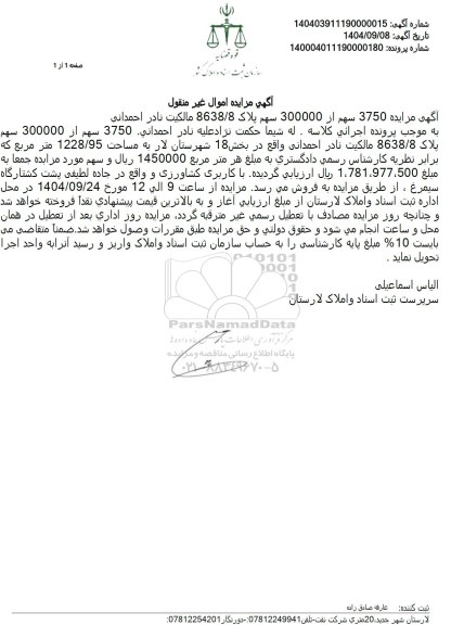 مزایده 3750 سهم از 300000 سهم پلاک 8638.8 