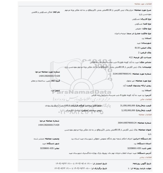 مزایده، پلاک ثبتی 2فرعی از 8118اصلی بخش 21یزدواقع در ده اباد ملکی ورثه مرحوم محمدحسن زارع