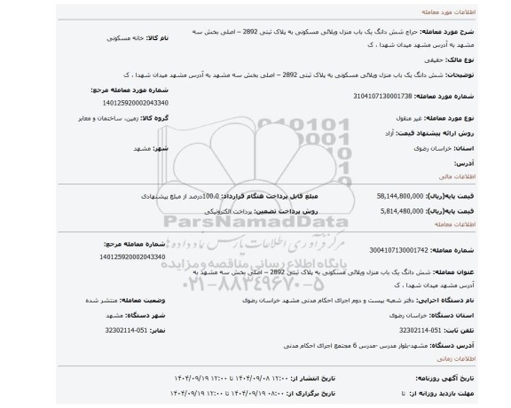 مزایده، شش دانگ یک باب منزل ویلائی مسکونی به پلاک ثبتی 2892 – اصلی بخش سه مشهد به آدرس  مشهد  میدان شهدا ، ک