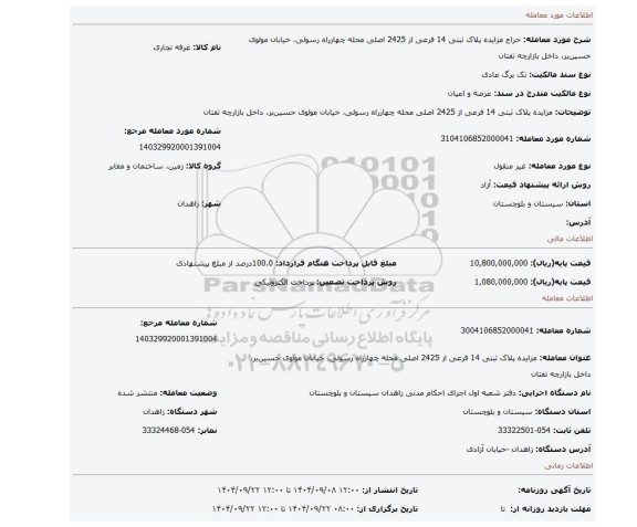 مزایده، مزایده پلاک ثبتی 14 فرعی از 2425 اصلی محله چهارراه رسولی، خیابان مولوی حسین بر، داخل بازارچه تفتان