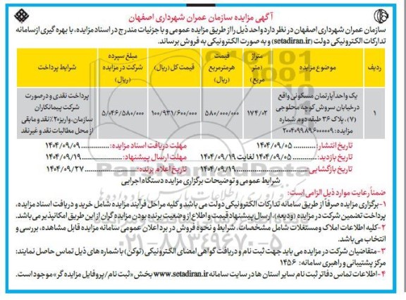 مزایده یک واحد آپارتمان مسکونی 