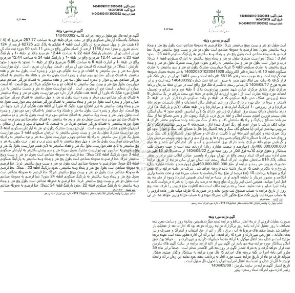 مزایده ششدانگ یکدستگاه آپارتمان مسکونی واقع در سمت شرقي طبقه دوم به مساحت 257.77
