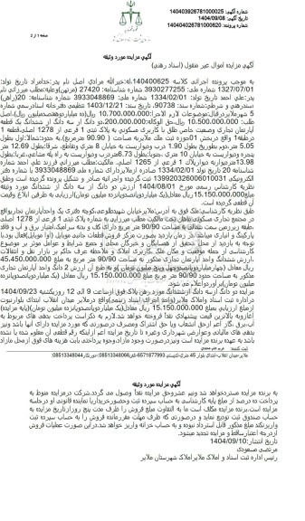 مزایده فروش دو دانگ از سه دانگ از ششدانگ یک قطعه آپارتمان تجاری وضعیت خاص طلق با کاربری مسکونی به پلاک ثبتی 1 فرعی از 1278 اصلی