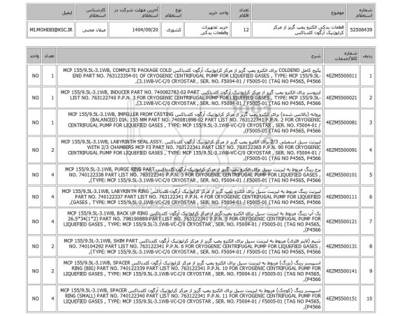 استعلام قطعات یدکی الکترو پمپ گریز از مرکز کرایوژنیک آرگون کلدباکس