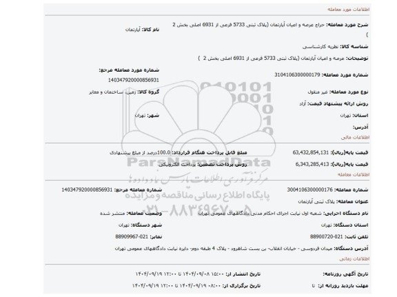 مزایده، عرصه و اعیان آپارتمان (پلاک ثبتی 5733 فرعی از 6931 اصلی بخش 2  )