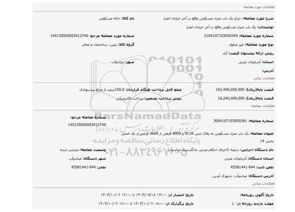مزایده، یک باب منزل مسکونی واقع در آخر خیابان انصار