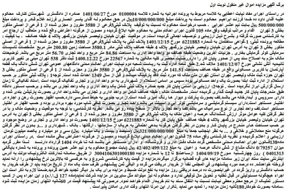 مزایده شش دانگ یک قطعه آپارتمان با کاربری مسکونی