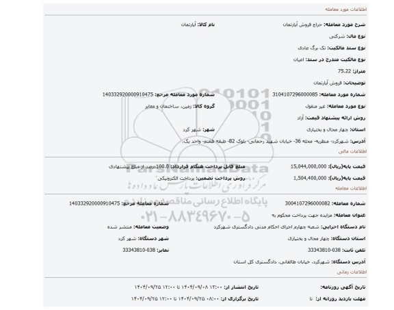 مزایده، فروش آپارتمان