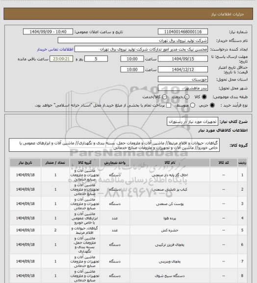 استعلام تجهیزات مورد نیاز در رستوران