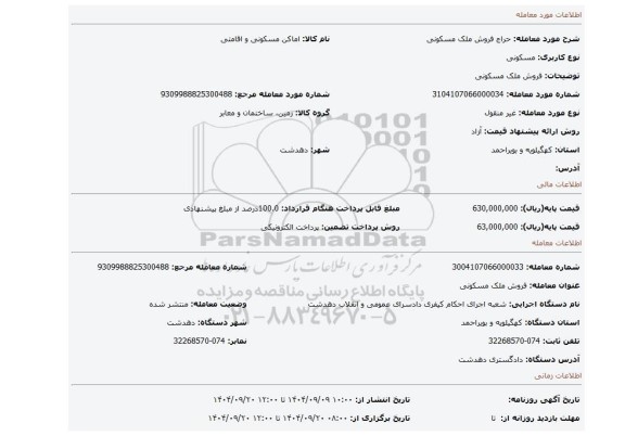 مزایده، فروش ملک مسکونی