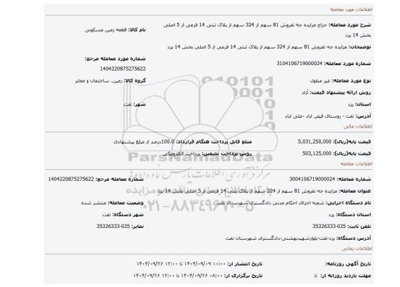 مزایده، مزایده جه تفروش 81 سهم از 324 سهم از پلاک ثبتی 14 فرعی از 5 اصلی بخش 14 یزد
