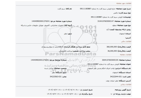 مزایده، فروش سیم کارت به شماره 09111183887