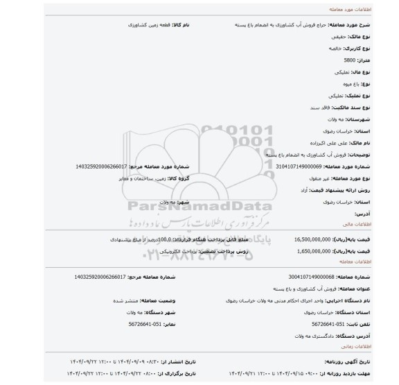 مزایده، فروش آب کشاورزی به انضمام باغ پسته