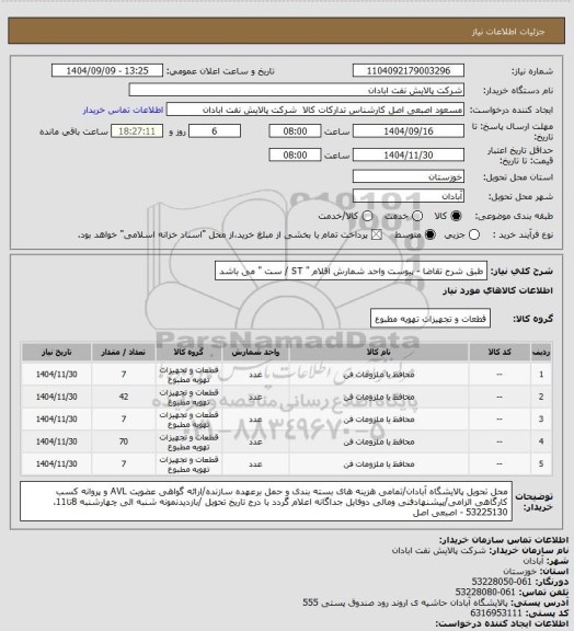 استعلام طبق شرح تقاضا - پیوست
واحد شمارش اقلام " ST / ست " می باشد