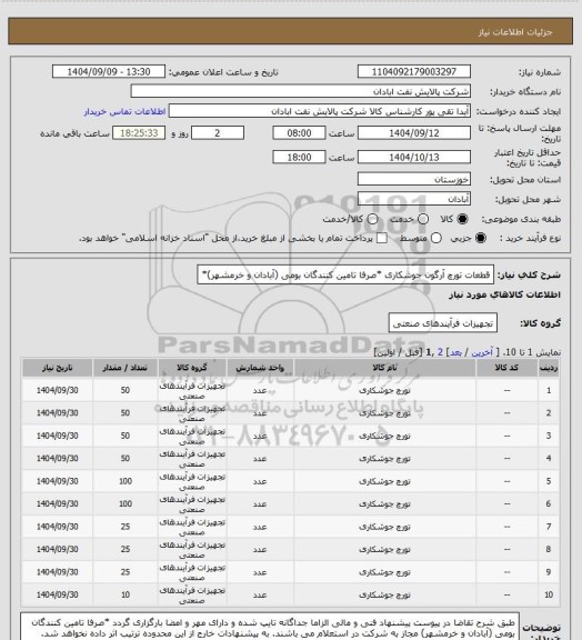 استعلام قطعات تورچ آرگون جوشکاری *صرفا تامین کنندگان بومی (آبادان و خرمشهر)*