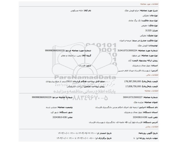 مزایده، فروش ملک