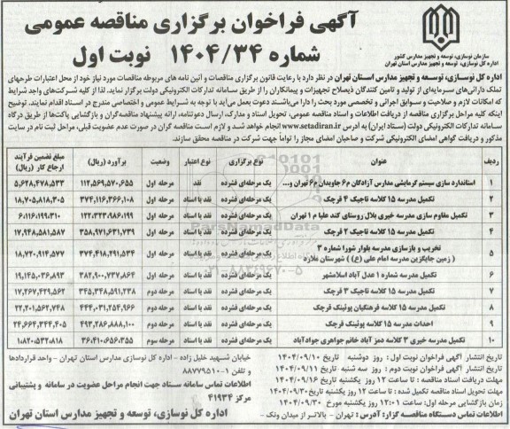 مناقصه عمومی استانداردسازی سیستم گرمایشی مدارس آزادگان م 6 جاویدان م 6 تهران ... 