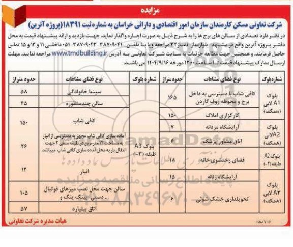 مزایده واگذاری به صورت اجاره تعدادی از سالن های برج ها 