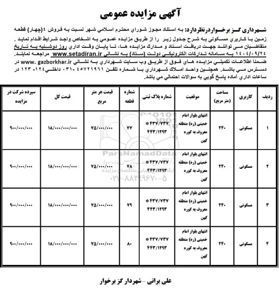 مزایده فروش (چهار) قطعه زمین با کاربری مسکونی