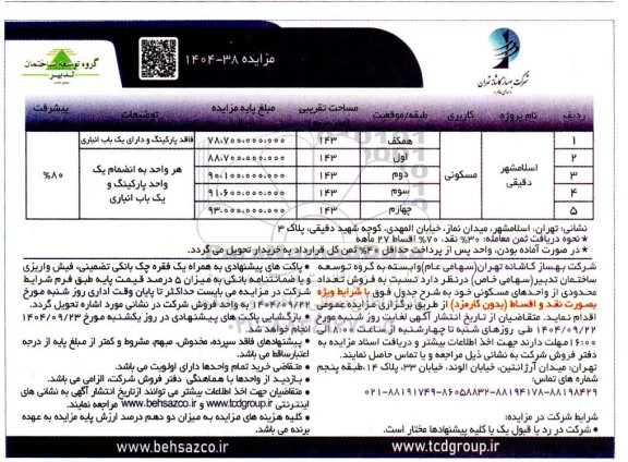 مزایده فروش تعداد محدودی از واحدهای مسکونی 