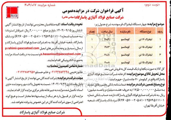 مزایده چهار دستگاه لیفتراک فرسوده نوبت دوم 