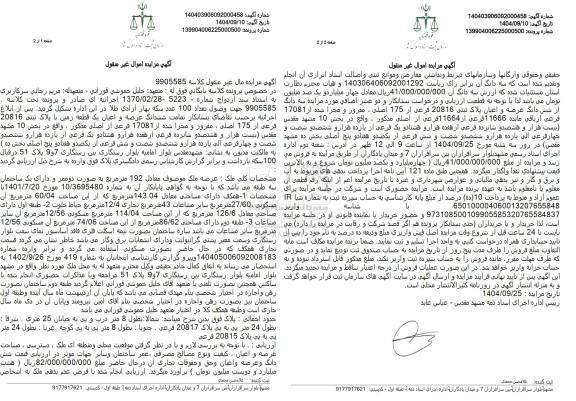 مزایده تمامت ششدانگ عرصه و اعیان یک قطعه زمین با پلاک ثبتی 20816 فرعی از 175 اصلی