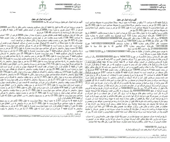 مزایده یک قطعه آپارتمان مسكونی وضعیت خاص طلق به پلاک ثبتی 28569 فرعی از 151 اصلی