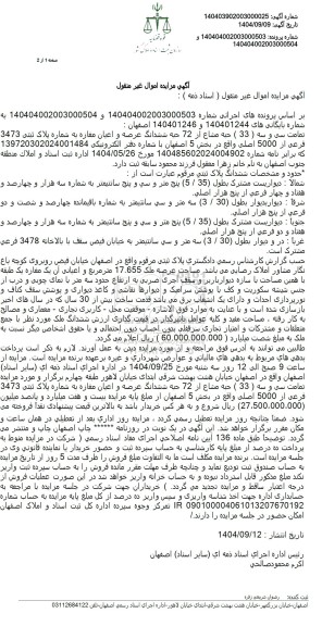 مزایده تمامت سی و سه ( 33 ) حبه مشاع از 72 حبه ششدانگ عرصه و اعیان مغازه
