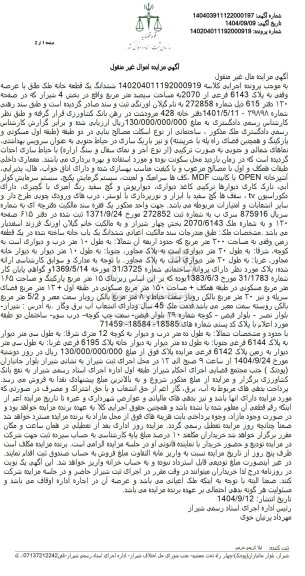 مزایده ششدانگ یک قطعه خانه ملک طلق با عرصه وقفی به پلاک 6143 فرعی از 2070 به مساحت سیصد مترمربع