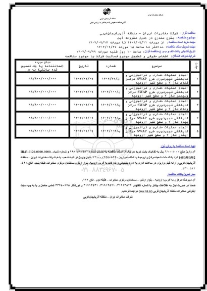 مناقصه انجام عملیات حفاری و ترانجرزنی و کابلکشی فیبرنوری...