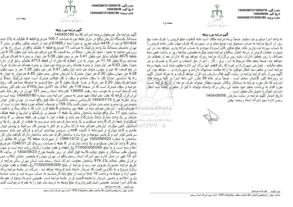 مزایده ششدانگ یکدستگاه آپارتمان واقع در شرق طبقه دوم به مساحت 100.7 متر مربع 