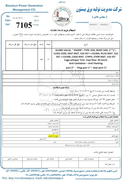 استعلام خرید GLOBE VALVE 