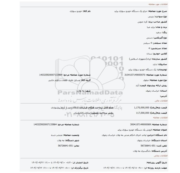 مزایده، یک دستگاه خودرو سواری پراید