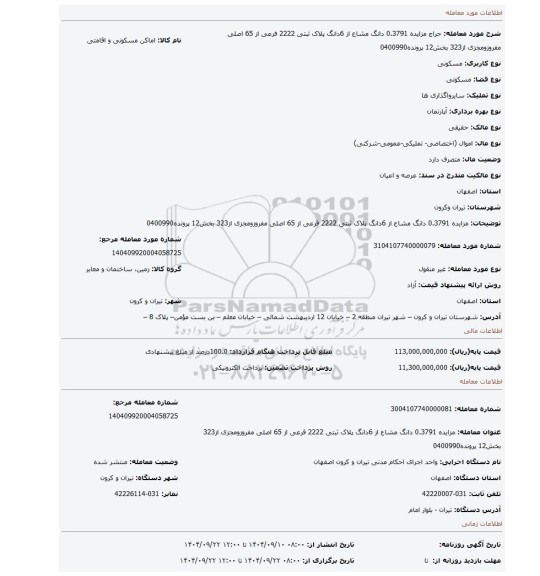 مزایده، مزایده 0.3791 دانگ مشاع از 6دانگ پلاک ثبتی 2222 فرعی از 65 اصلی مفروزومجزی از323 بخش12 پرونده0400990