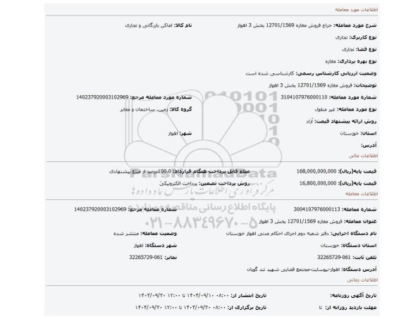 مزایده، فروش مغازه  12701/1569 بخش 3 اهواز