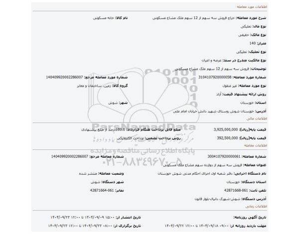 مزایده، فروش سه سهم از 12 سهم ملک مشاع مسکونی