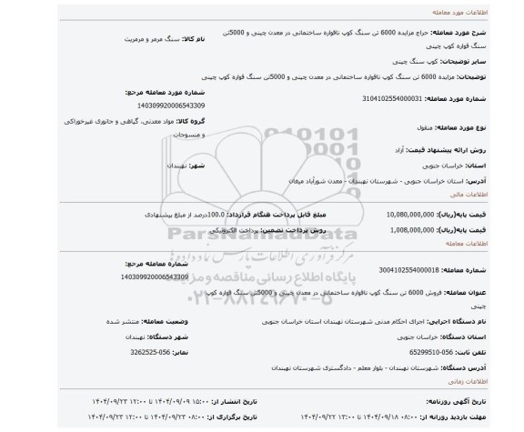 مزایده، مزایده  6000 تن سنگ کوپ ناقواره ساختمانی در معدن چینی و 5000تن سنگ قواره کوپ چینی