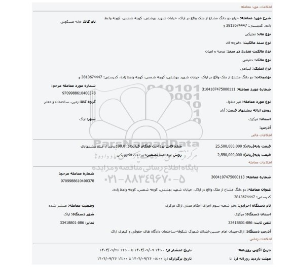 مزایده، دو دانگ مشاع از ملک واقع در اراک، خیابان شهید بهشتی، کوچه شمس، کوچه واعظ زاده، کدپستی: 3813674447 و