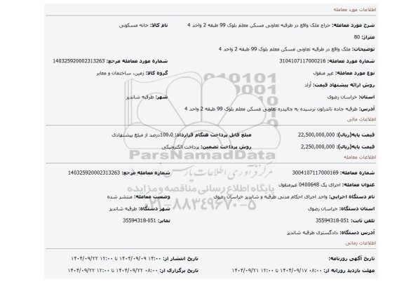 مزایده، ملک واقع در طرقبه تعاونی مسکن معلم بلوک 99 طبقه 2 واحد 4
