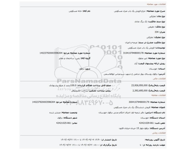 مزایده، فروش یک باب منزل مسکونی
